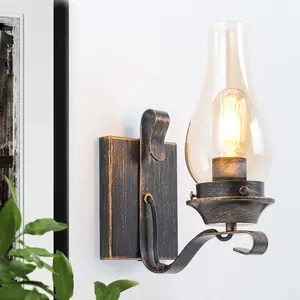 Hardwired Wall Sconce,Oil Rubbed Bronze Hardwired Wall Sconce Indoor, Retro Rustic Wall Lamps with Amber Glass,Vintage Bedside Sconces Wall Lighting for Living Room Bathroom