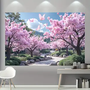 1PC,2D Flat Romantic Cherry Blossom Festival Door Banner, Spring Courtyard Cherry Blossom & Butterfly Decorative Tapestry, Outdoor Holiday Atmosphere Decoration Curtain, Home Party Wall Decor Hanging