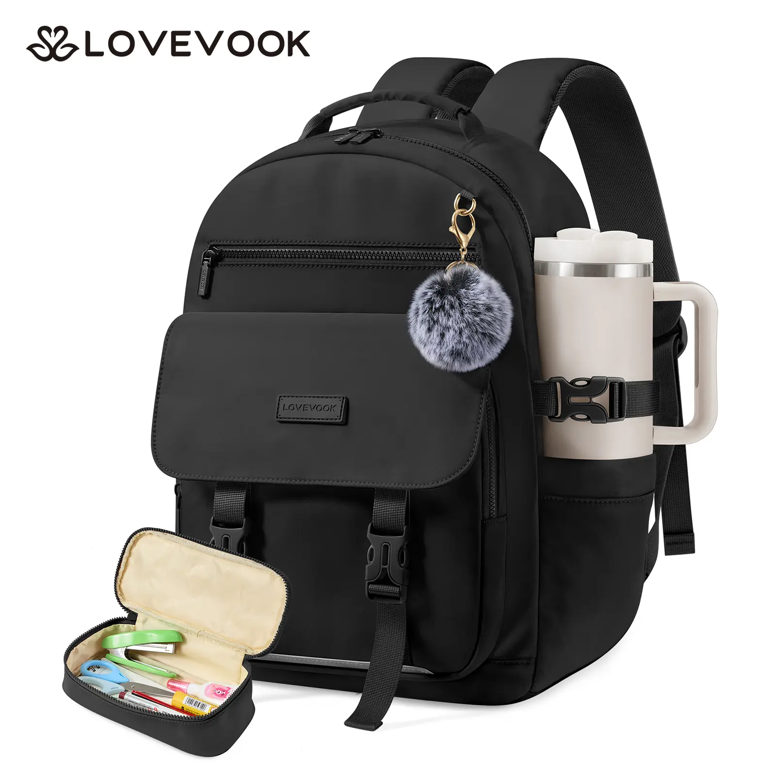 LOVEVOOK School Backpack for Teen Girls，Casual School Backpack 14-18 Teenage 15.6 Inch Laptop Bookbag, Cute Big Student Laptop Backpack for College Women Middle High School Travel Daypack, black