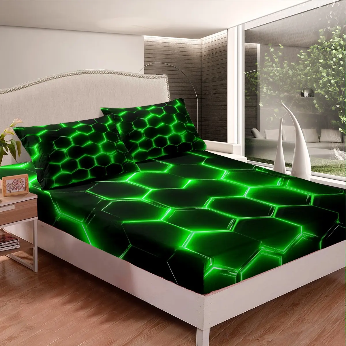 Feelyou 3D Honeycomb Bright Artistic Microfiber Fitted Sheet - Hexagonal Geometry, Green Neon Hexagon Design, Chic Comfy Twin/Full Size Bed Linens Bedding Accessory, 3D Fitted Sheets