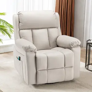 Living Room White Reclining Sofa - Heated 360° Swivel Rocking Massage Recliner Chair for Adults, Equipped with Side Storage Pocket
