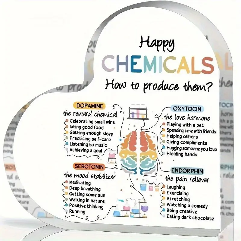 Acrylic Heart Shaped Chemicals Guide Sign, Dopamine Oxytocin Serotonin Endorphin Neurotransmitters Info Heart Decoration, Desk Signage, Wellness Mental Health Gifts for Home, School, Therapy Office, Acrylic Desktop Sign