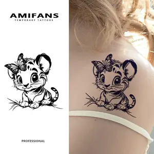 AMIFANS Temporary Tattoo Cute Tiger Cub with Butterfly, Semi Permanent Tattoo,Lasting 1-2 Weeks Tattoo, Long Lasting Tattoo, Juice Tattoo, Realistic Tattoo, Romantic Tattoo, Fake Tattoo, Waterproof, Authentic Tattoo Look, Niche Design Tattoo