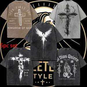 5pc Set Cross God's Attire First Seek The Kingdom of God, God Is Worthy of Your Faith, Believe in Christianity, Classic Retro230g Washed Cotton T-Shirt
