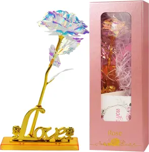 Double Couple Galaxy Forever Crystal Colorful Rose Flower with Love Stand Unique Rose Gifts for Mother's Day Wedding Anniversary and Valentine's Day