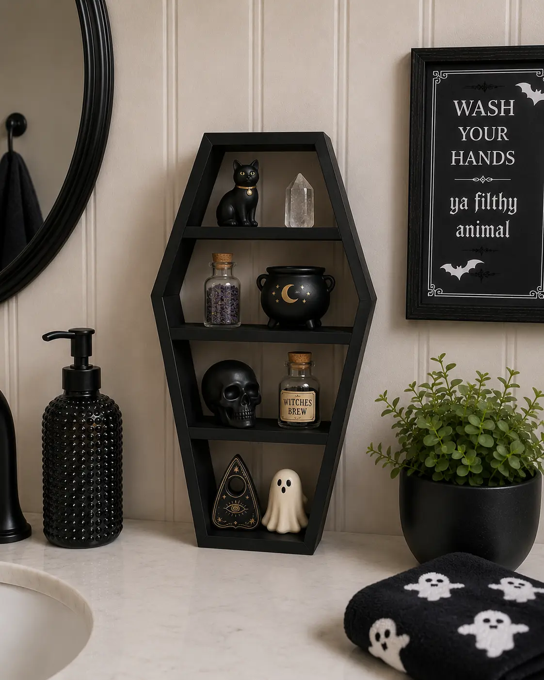 Coffin Shelf – 3D Printed Matte Black Gothic Coffin Silhouette with Three Open Shelf Tiers – Freestanding Halloween Spooky Trinket Organizer – Dark Aesthetic Bedroom Altar Desk Decor – Gothic Witch Crystal Display Gift