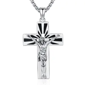 DRINSPER S925 Jesus Cross Necklace Crucifix Cross 925 Sterling Silver Catholic Religious Jewelry