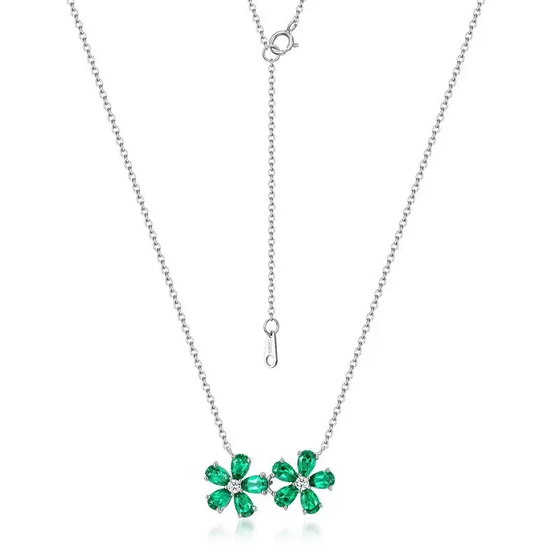 Five Stone Pear Cut Green Emerald Cluster Floral Pendant Necklace For Women, 14K White Gold Plated Sterling Silver Emerald Clover Necklace For Ladies