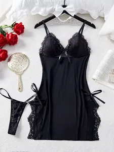 2pcs/Set Lace & Mesh Sexy Lingerie Set For Women (Wireless Bra + G-String)