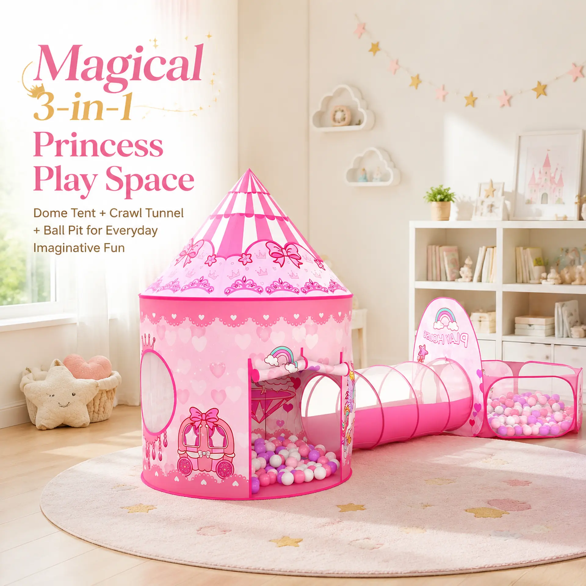 Apojungle 3PC Princess Tent for Girls with Kids Ball Pit & Crawl Tunnel Pink Pop Up Playhouse Toys Indoor Outdoor Birthday Christmas Gifts Inflatable Bounce House
