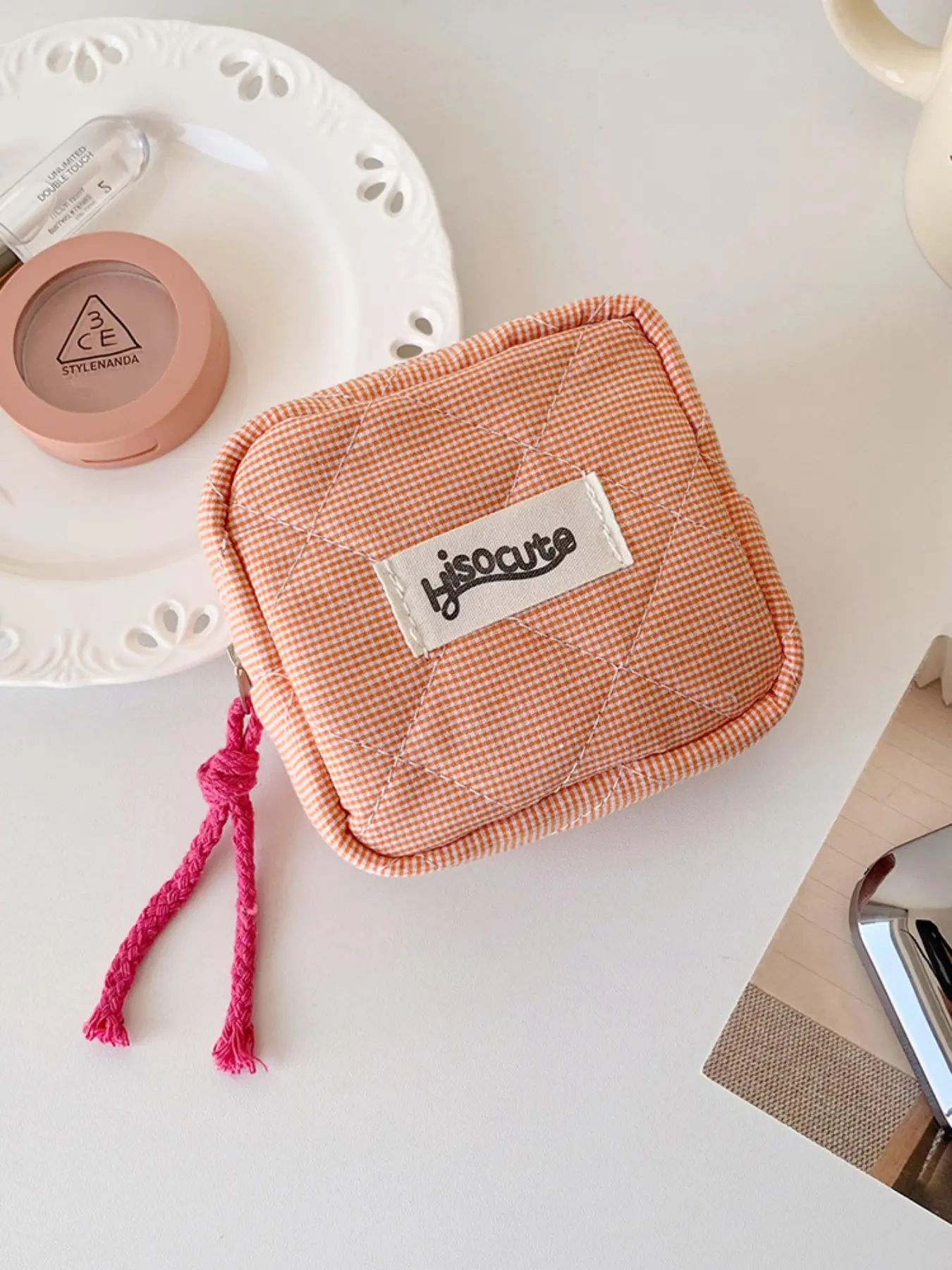 Korean Style Plaid Square Makeup Bag, Cosmetics Bag, Cosmetic Travel Bags, Small Portable Makeup Pouch with Strap, Student Earphone Coin Organizer, Compact Storage Case