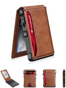 men's minimalist ultra-thin wallet, holds 9-13 cards, money clip & id window, aluminum alloy dual-fold rfid blocking design