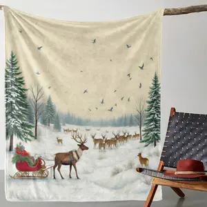 1pc Sdoo Flannel Blanket - Winter Wonderland Reindeer Sledding Scene with Santa's Sleigh - Suitable for beds and sofas can also be given as a gift