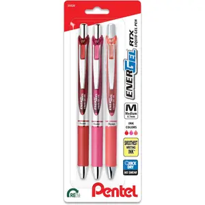 Pentel EnerGel RTX Retractable Liquid Gel Pen, 0.7mm, Journaling Hue, Red, Pink and Coral Ink, Pack of 3 Pens (BL77RBJBP3M)