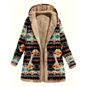European And American Women'S Warm Plush Printed Hooded Sweater Coat Casual Jacket