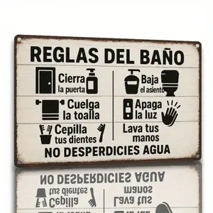 Aluminum Bilingual Bathroom Sign English and Spanish Toilet Wall Plaque with Pre Drilled Holes Vintage Flat Retro Rules Decor
