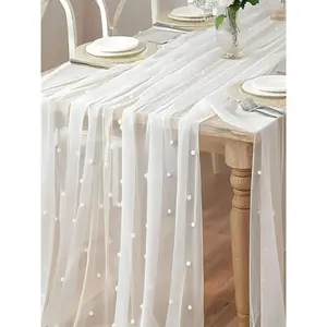 Pearl Mesh Table Runner, Wedding Veil, Dessert Tablecloth, Boho Style, Chiffon Sheer, Pearl Lace, Party Decoration, Bridal Shower Gift