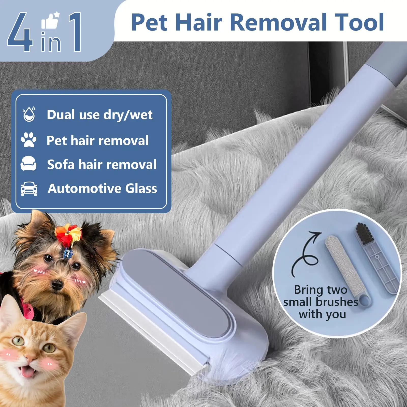 4 in 1 Pet Hair Remover,cat stuff,Washable,Multi-functional,Reusable,Gentle on Furniture,Effective on Carpets,Clothing,Bedding,Extra-Long Handle,fur r