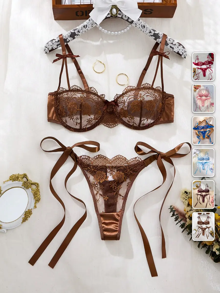 2 Piece Lingerie Set Burgundy Embroidery Lace-Up Thong Romantic Date Night