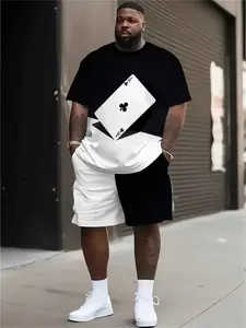 Men's Large Size Casual Poker Print T-Shirt and Shorts Set, Summer Outdoor Sports 2-Piece, Loose-Fitting Short Sleeve, Modern Style