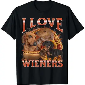 For Men & Women Funny Graphic T-Shirt - I Love Wieners Funny Offensive Dachshund Bootleg Graphic T-Shirt - Cotton Crewneck Casual Streetwear Top