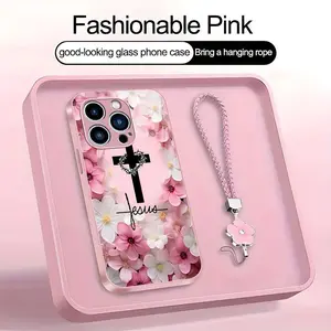 Christian Jesus Cross Floral Art Phone Case, Suitable for [iPhone 15 Pro] high-end women's, Lanyard a beautiful four-leaf clover lanyard is included🍀 952