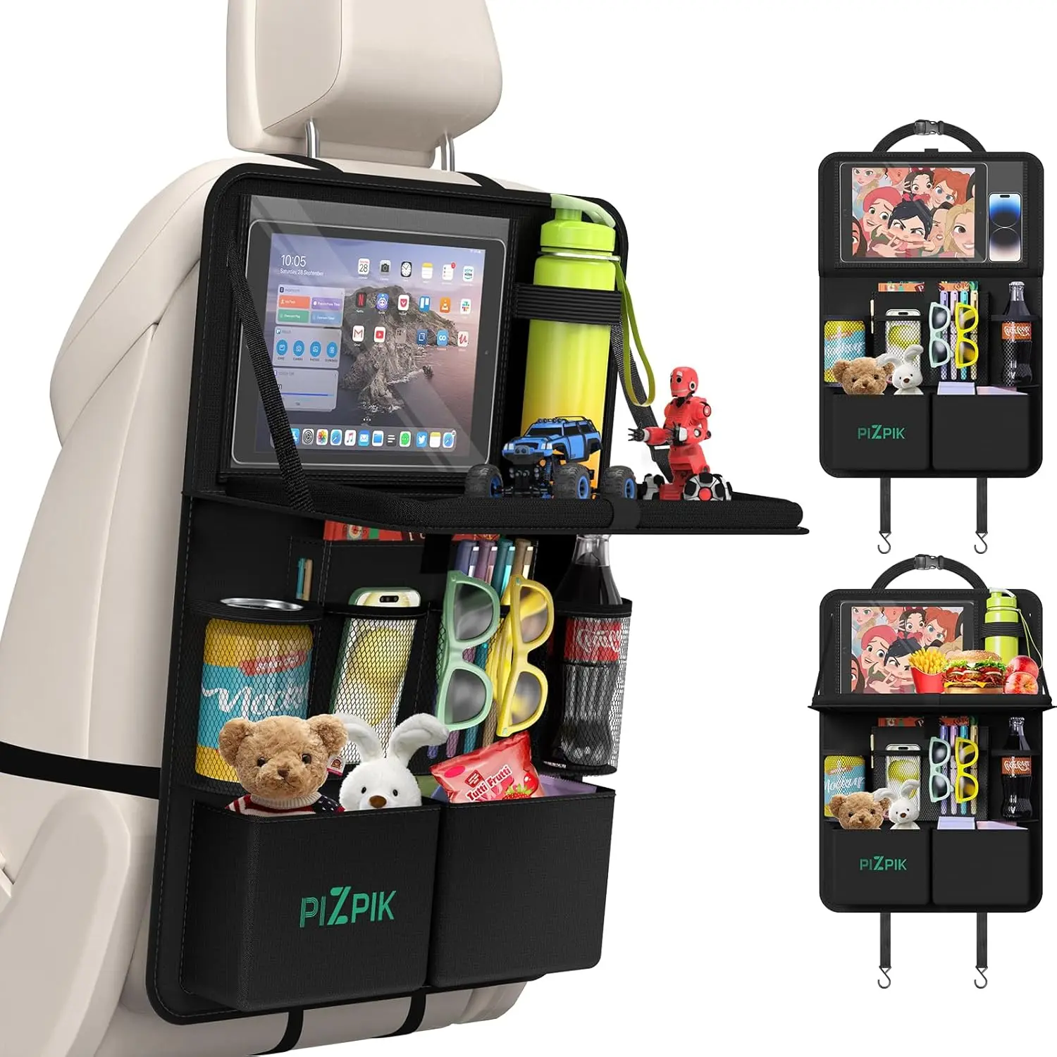 Car Backseat Organizer with Backseat Storage - 11 Storage Pockets, Foldable Food Tray, Tablet Holder, Kid-Friendly Kick Mats, Automotive Interior Travel Accessory (Black, 1 Pack), For Automobiles