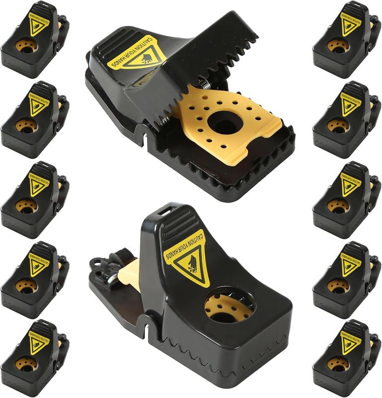 12-Pack Black & Yellow Mouse T-R-A-P-S Reusable R-o-d-e-n-t Control Devices Quick Sanitary Safe Solution with Sensitive Trigger for Indoor Outdoor Use Durable Washable ABS Plastic S-n-a-p T-r-a-p Mechanism Hands-Free Release System