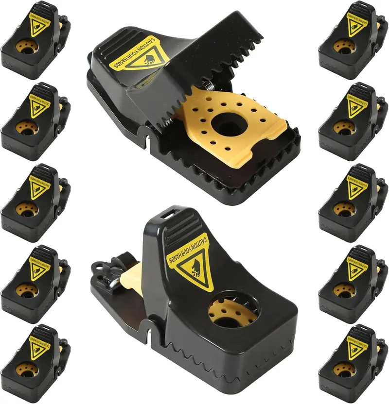 12-Pack Black & Yellow Mouse T-R-A-P-S Reusable R-o-d-e-n-t Control Devices Quick Sanitary Safe Solution with Sensitive Trigger for Indoor Outdoor Use Durable Washable ABS Plastic S-n-a-p T-r-a-p Mechanism Hands-Free Release System