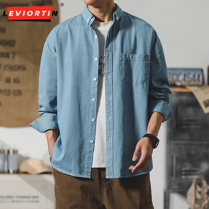 Men's Western Distressed Long-Sleeve Collared Button-Up Denim Shirt with Chest Pockets, Casual Menswear Top, Longsleeves, Distressed Denim, Collared Neck, Washed