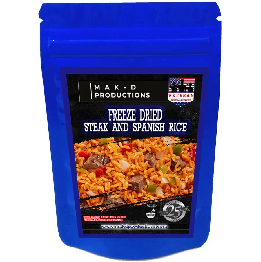 MAK D Productions - Freeze Dried Meal  - Beef - Rice - Steak and Spanish Rice - Gourmet Recipes by a Sullivan University (Louisville, Kentucky) Culinary Chef Graduate - NEVER BLAND TASTING - MADE IN THE USA