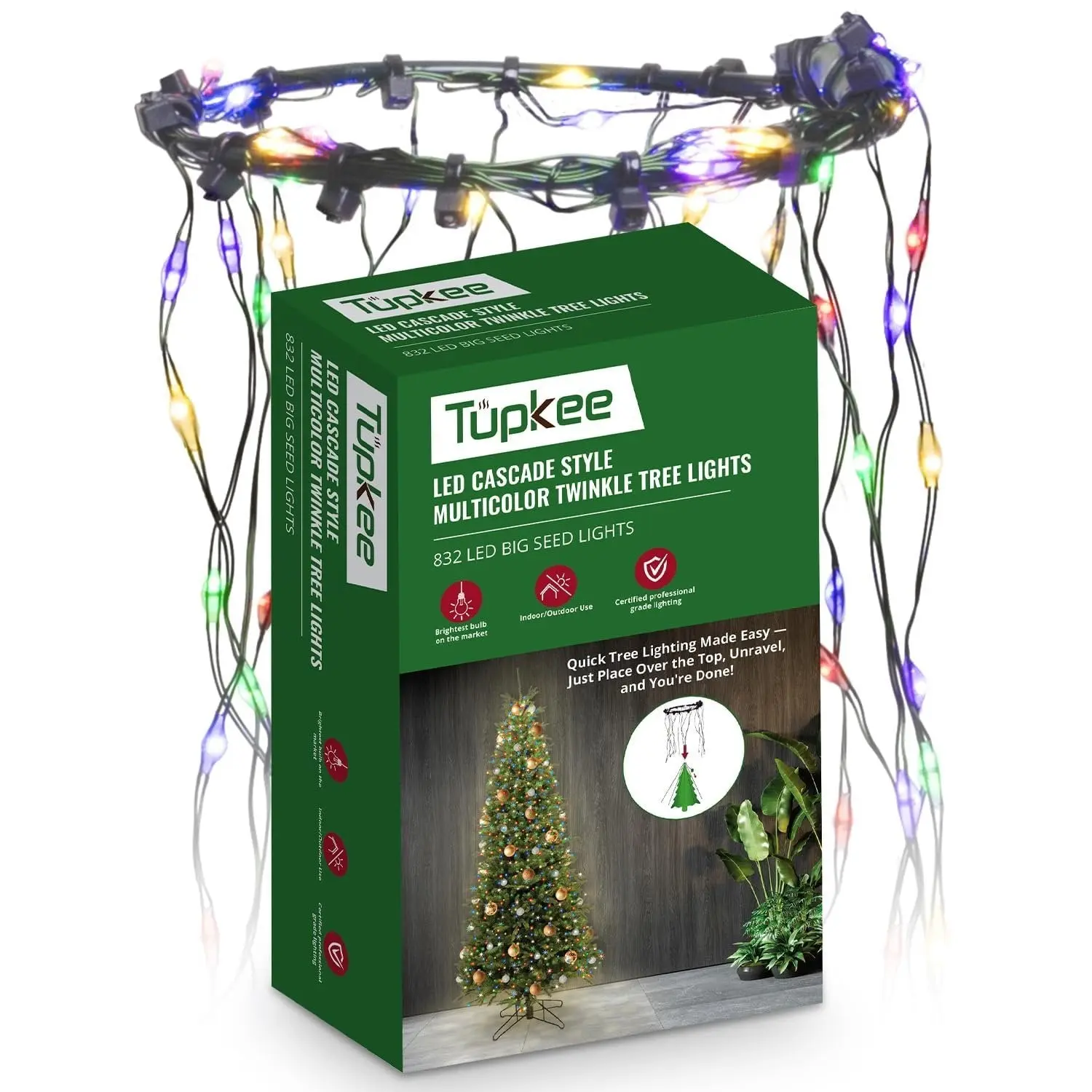 Tupkee Cascade Christmas Tree Lights, 8 ft LED Multicolor Twinkle Lights, 832 Lights, 208 Random Twinkling, Easy Drop & Drape Tree Wrap