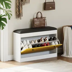 Space-Saving Entryway Shoe Bench – Modern White Shoe Storage Cabinet with Turn over Drawer, PU Cushion Seat, Slim Design for Hallway, Bedroom, Living Room, Easy Assembly