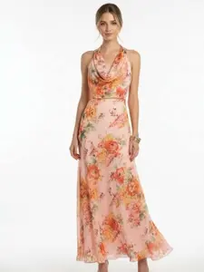 Peach Floral Halter Maxi Dress With Gold Metal Details