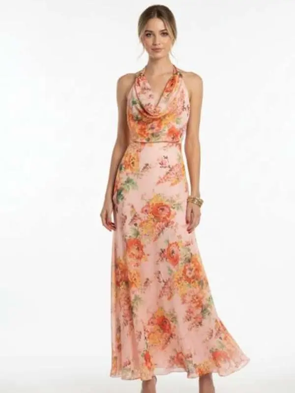 Peach Floral Halter Maxi Dress With Gold Metal Details