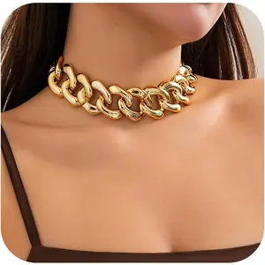 Chunky Link Cuban Chains Necklace Women's Punk Hip-hop Thick Gold Chain Choker Necklace Fashion Costume Jewelry for Women (gold)