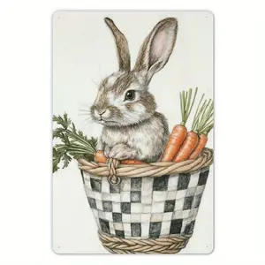 2D Room Decor 1pc Vintage Bunny Basket Metal Sign,8"x12" Metal Home Decor, Charming Rabbit Theme, Fun Easter Gift
