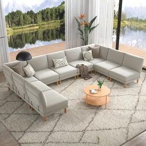 Flexible Modular Sofa Set - Convertible, Sleepable, Metal Frame and Wooden Legs, 3/6/7/9 Seater Sofa, Suitable for Living Room, Infinite Combination Design, Beige