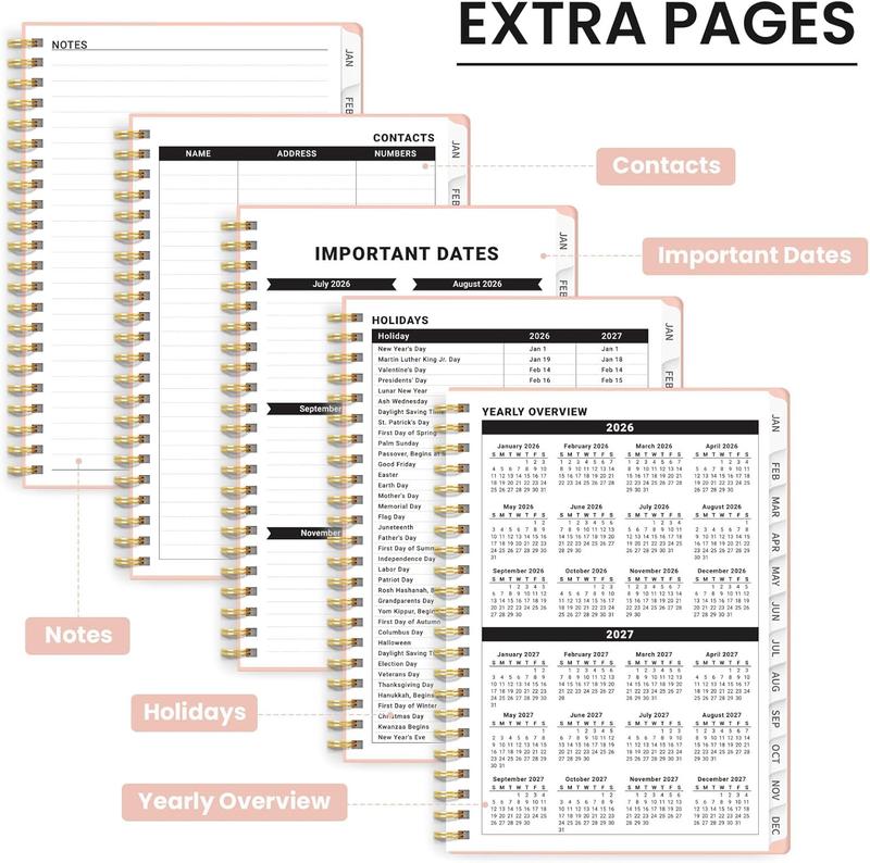 2026 Planner, Weekly and Monthly Planner for Women, January 2026 - December 2026, Hardcover 2026 Calendar Planner Book with Tabs, Inner Pocket, Spiral Bound, Perfect for Office Home School Supplies - A5 (6.3" x 8.5"), Pink