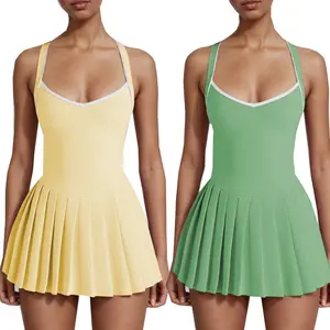 Women's Lavender Contrast Trim Tennis Dress, Halter V-Neck Pleated Athletic Dress with Built-in Shorts, Golf Workout Skort Dress