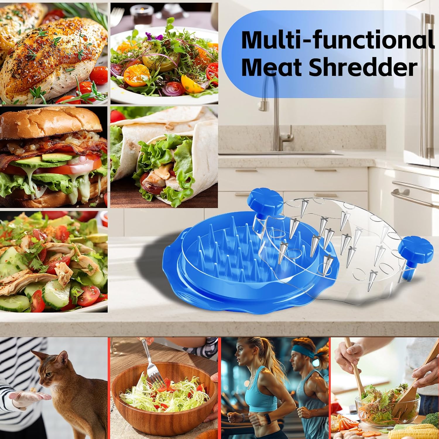 Large Chicken Shredder Tool Twist with Brush – Manual Meat Shredder, Visible Lid, Anti-Slip Base, BPA-Free for Chicken, Pork & Beef