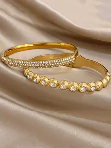 2pcs Stainless Steel Zircon Bangle Bracelets Set, Gold Plated Sparkling Crystal Inlaid & Bezel Set Design, Durable Hinge Clasp for Daily Wear, Party, Gift