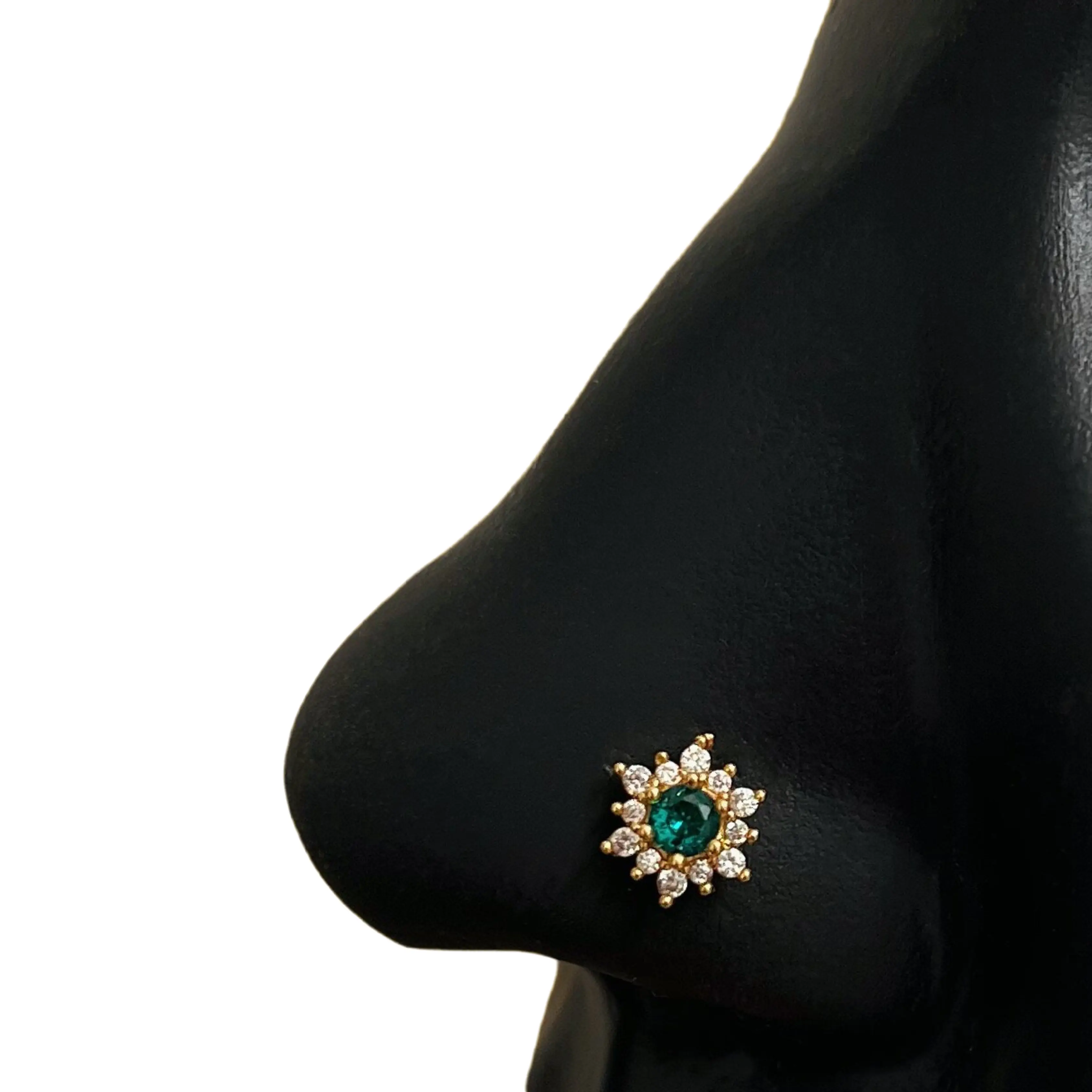 Emerald Flower Nose Stud | Surgical Steel Floral CZ Design, Nose Ring, Hypoallergenic Non Tarnish, Dainty Feminine Style 20G L Shape / Corkscrew