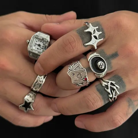 Men's Zinc Alloy Ring Set, Assorted Statement Rings, Casual All-Season Fashion Jewelry, Assorted Designs, Creative Vintage-Inspired Style, 7-Piece Set