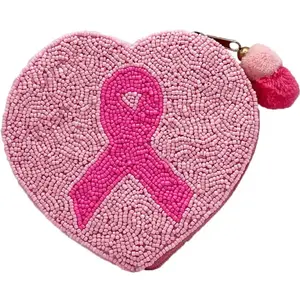 Heart Cancer Ribbon Beaded Pouch
