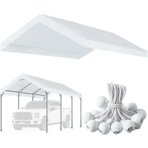 10'x20' Upgraded Carport Replacement Top Canopy Cover for  Garage Shelter Tent Party Tent with Ball Bungees White (Only Top Cover, Frame is not Included)