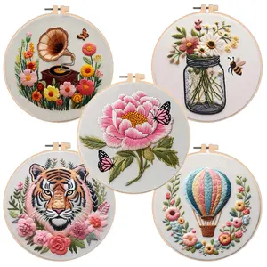 Embroidery Kit DIY Floral Hot Air Balloon Pattern Stitching Materials Set English Needle Guide Handmade Craft Art Project Home Decoration, Diy Crafts Kits, English Guide