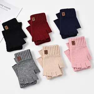 Wool knitted gloves Men's autumn and winter dew fingers Students typing riding touch screen to keep warm Half finger camel wool to keep warm