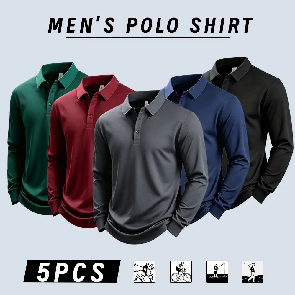 5-pack men’s long-sleeve polo shirts, solid color design, skin-friendly and comfortable, available in multiple colors, suitable for everyday wear, commuting, office, and golf; men’s sports casual tops, knit fabric, pullover style.