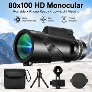 2025 Latest 80x100 Monocular Telescope for Mobile & Cellphone Photos, Outdoor Compact Water-Resistant Cold-Resistant Model with Triangle Bracket, Sturdy Powerful Durable Black Hunting Spotting Scope